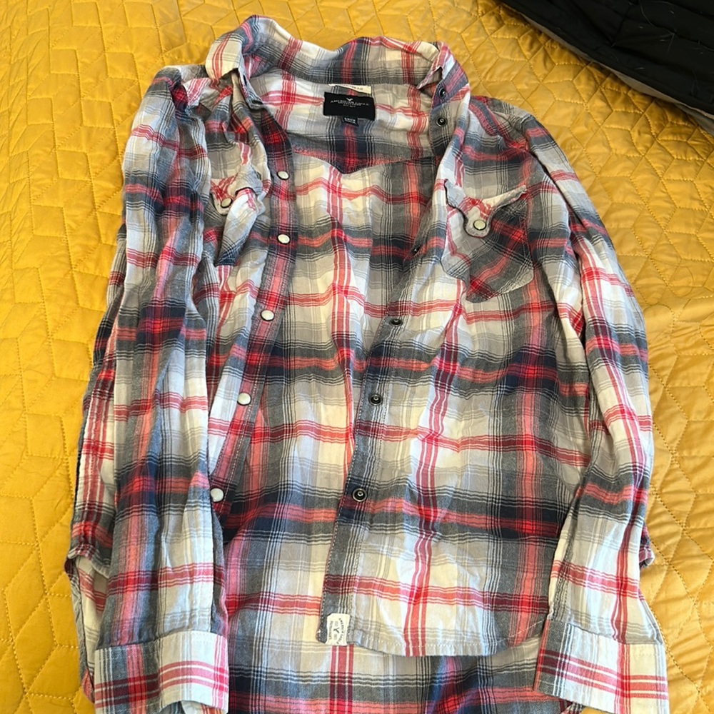 Small American Eagle Red and Grey Boyfriend Fit Flannel